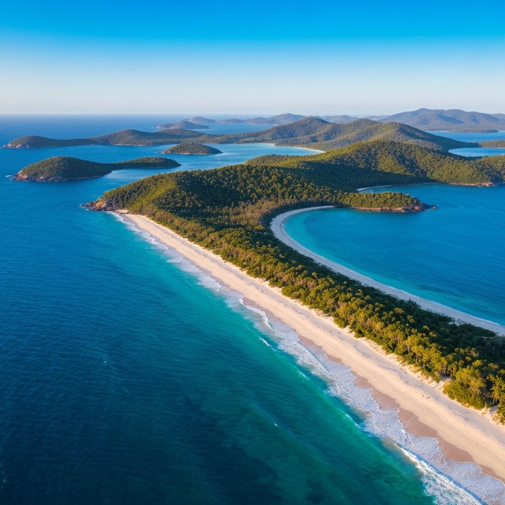 Aerial view of the Whitsundays coastline — the region Nomad Caravan Repairs proudly serves
